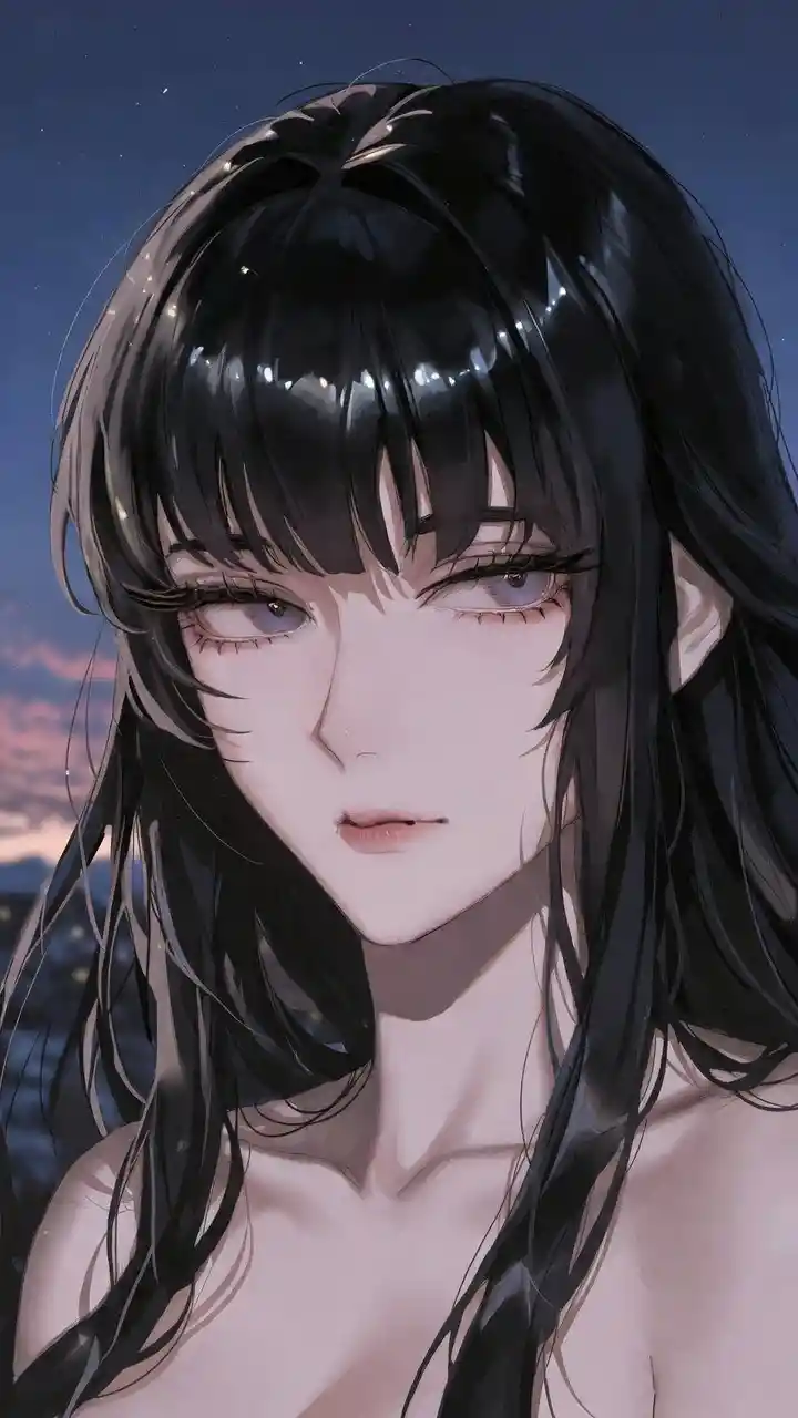 Elegant anime girl under a clear dusk night sky