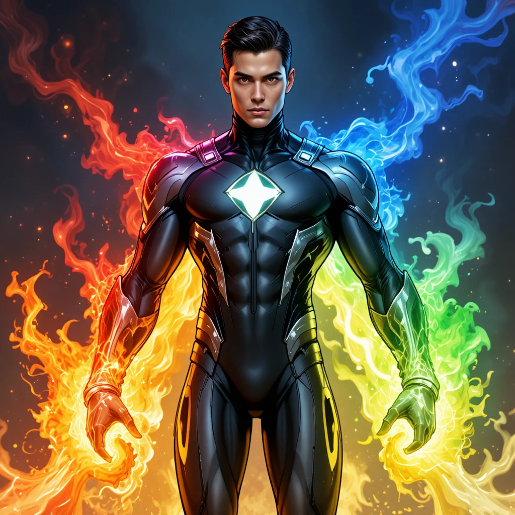 Male superhero with shifting multicolored elemental energy aura