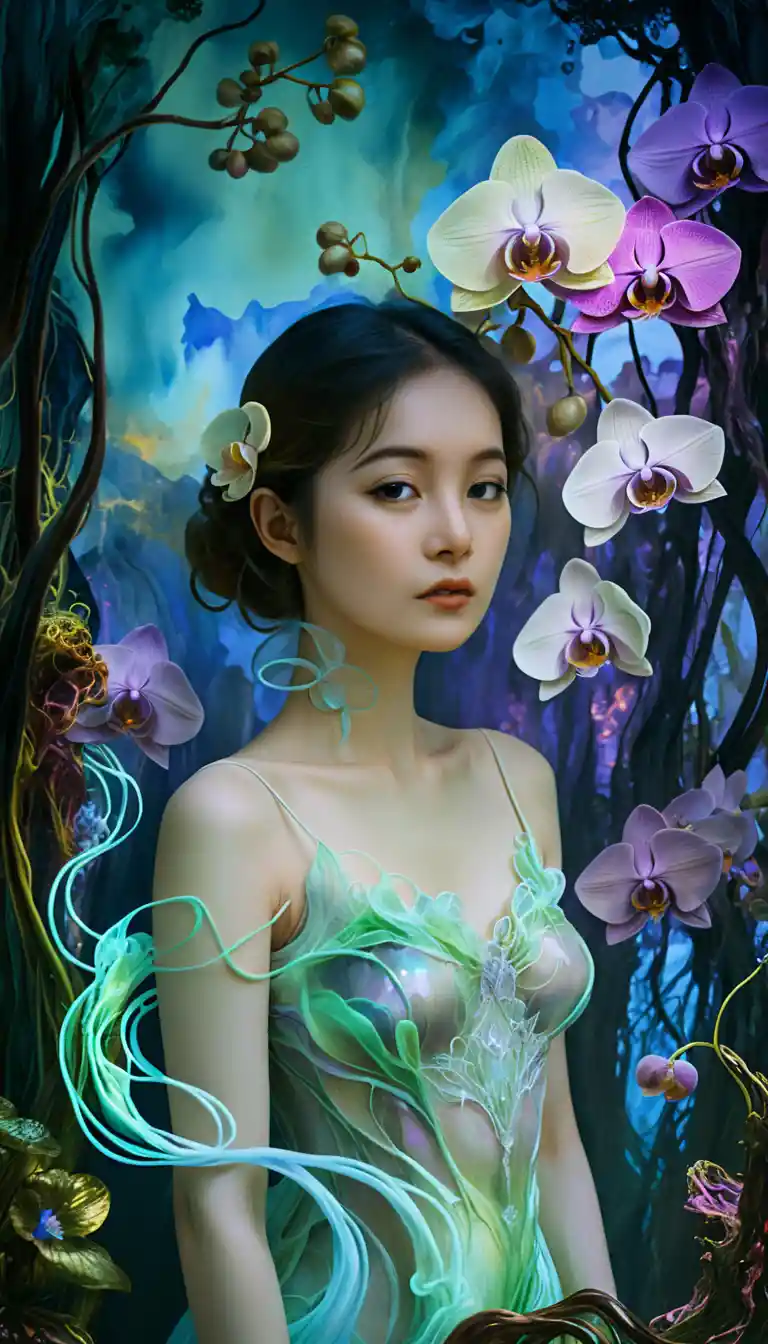 Surreal Orchid And Woman In Deep Blue Mixed Media