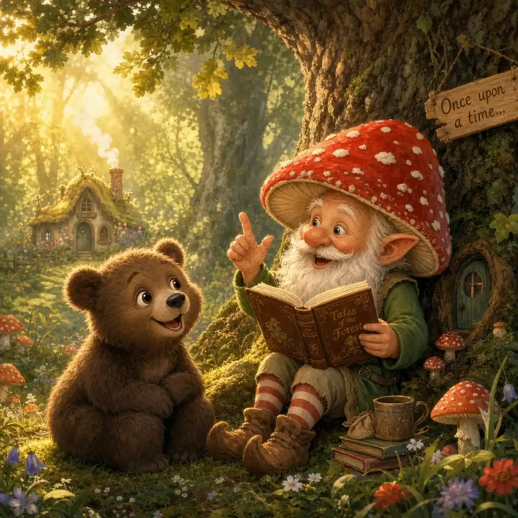 Gnome Reading A Story To A Bear In Enchanted Forest