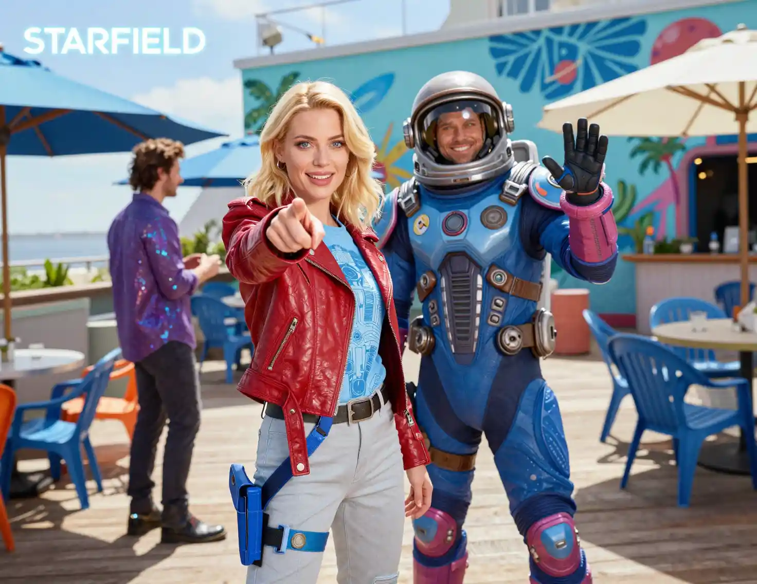 Blonde woman pointing playfully on a bright rooftop boardwalk