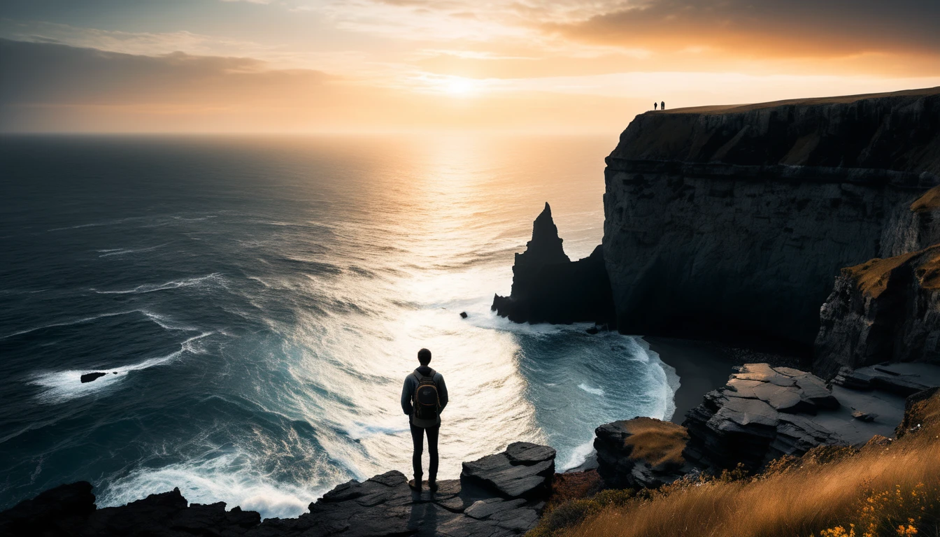 Solitary traveler on a crumbling cliff facing distant ocean horizon