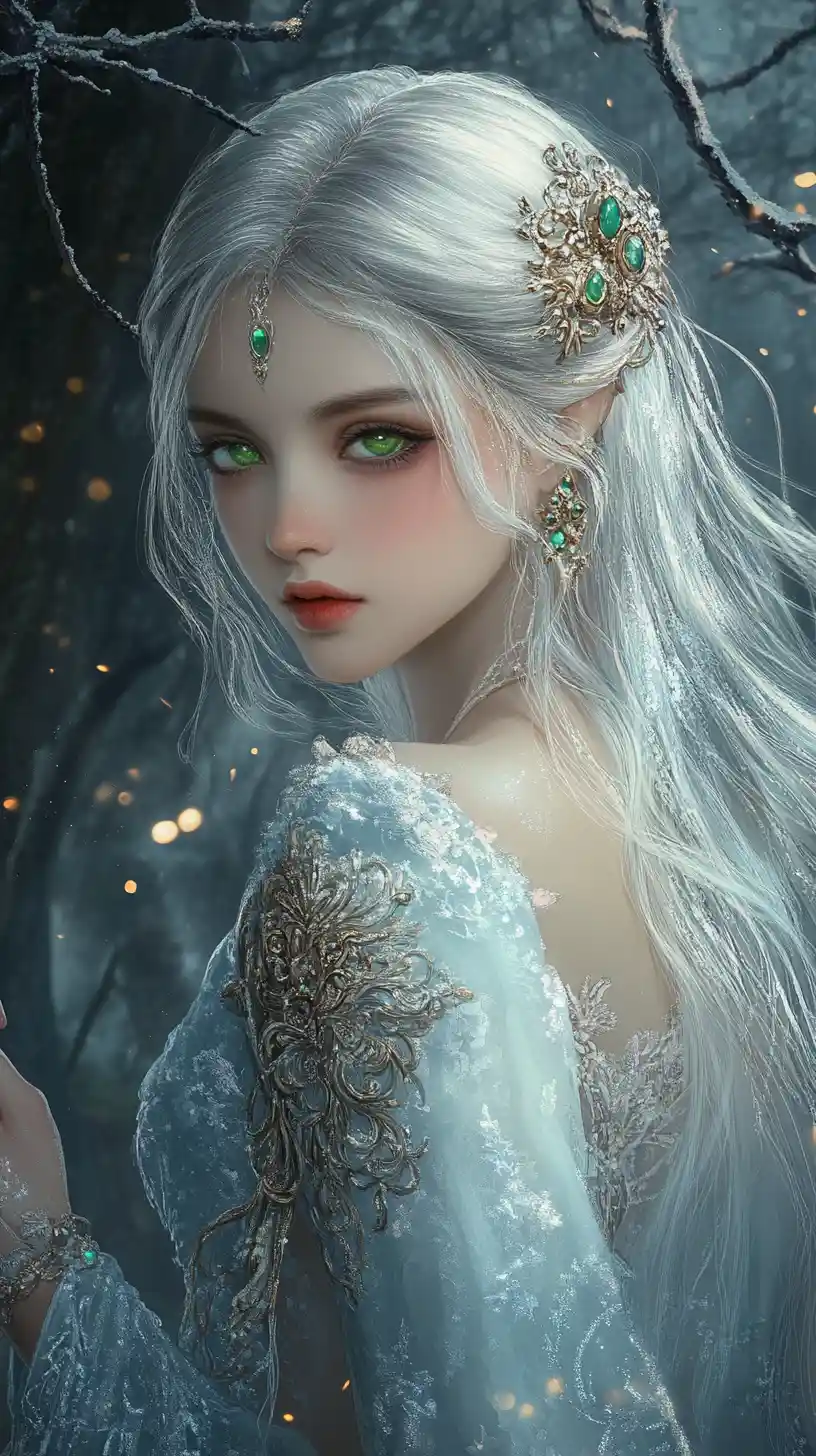 Ethereal Emerald Eyed Woman In Enchanted Winter Forest