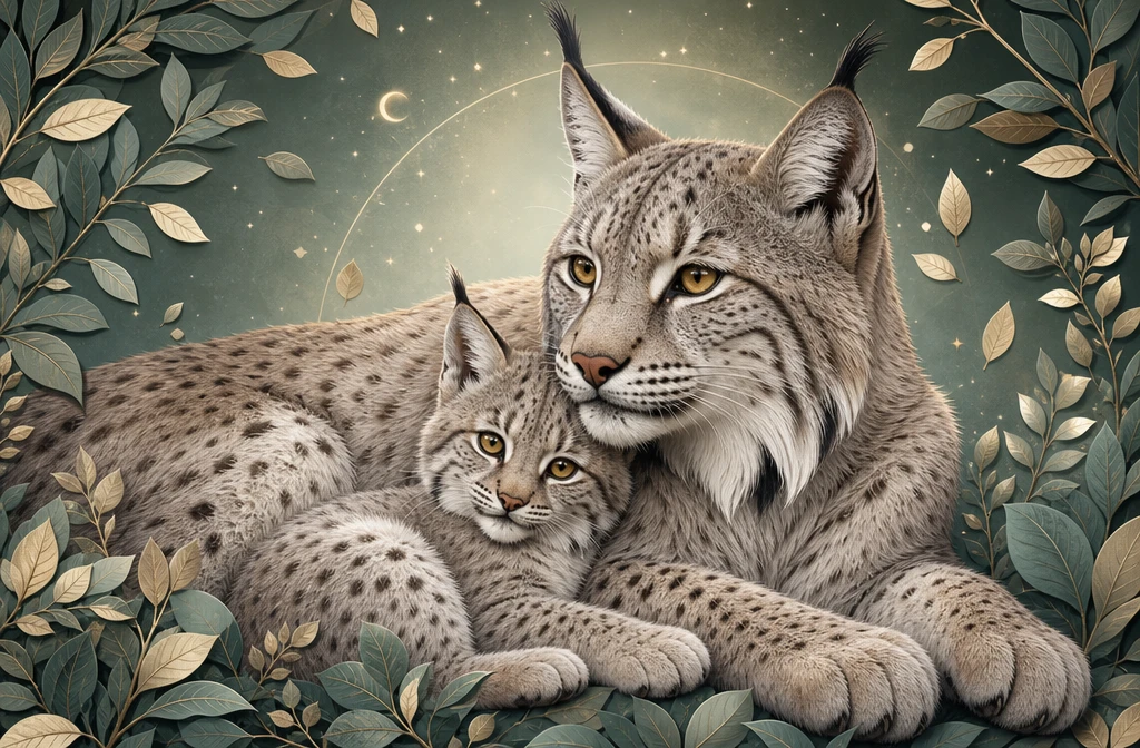 Baby lynx cuddling against its mother on green background