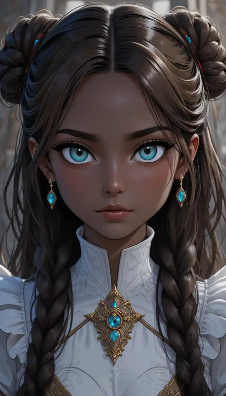 Young dark skinned anime sorceress with turquoise eyes