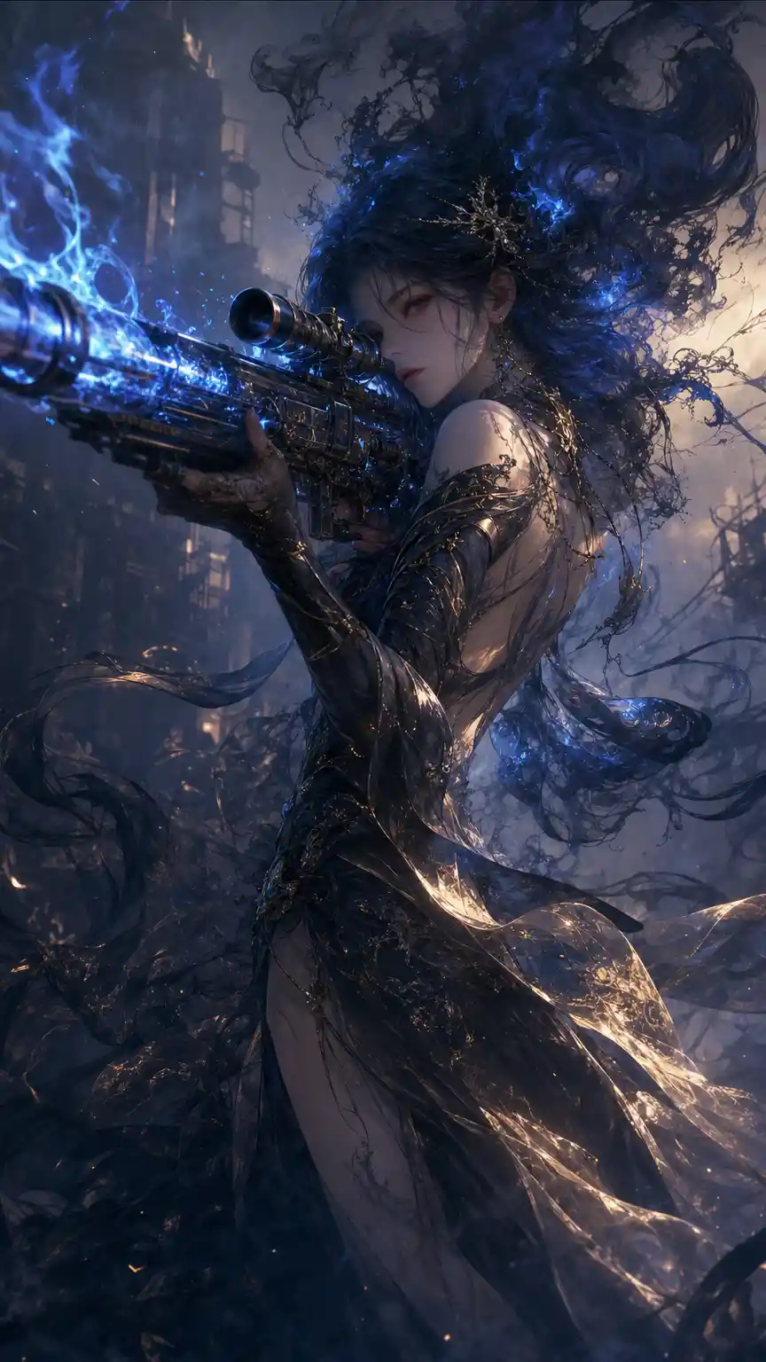 Ethereal woman aiming a glowing blue sniper rifle