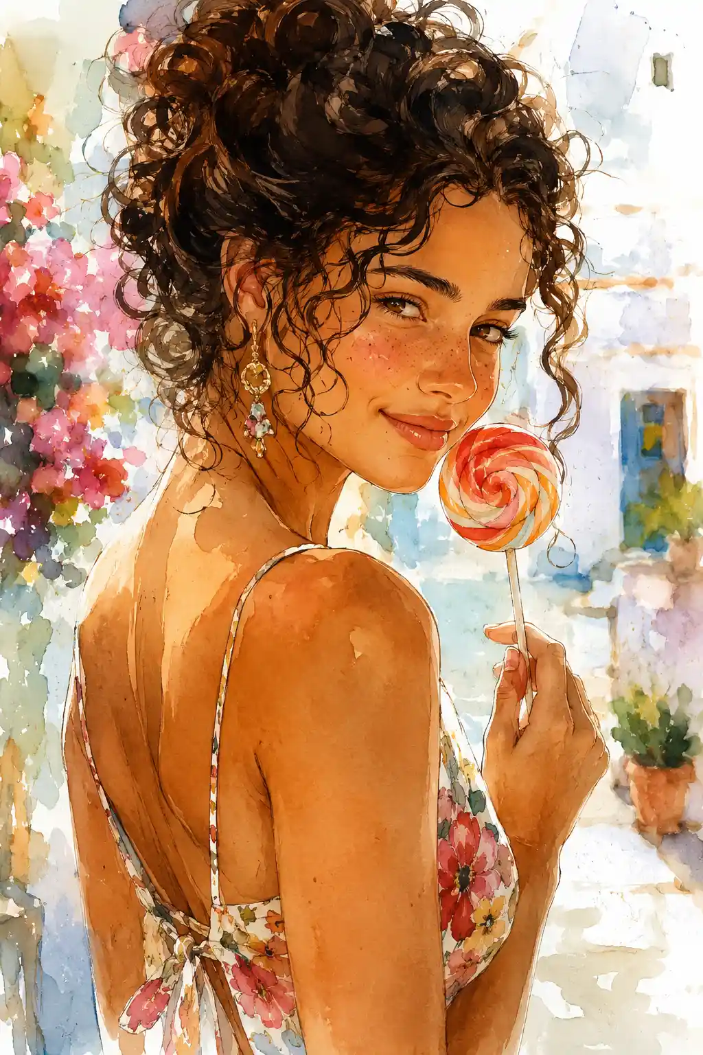 Watercolor portrait of a smiling young woman with lollipop