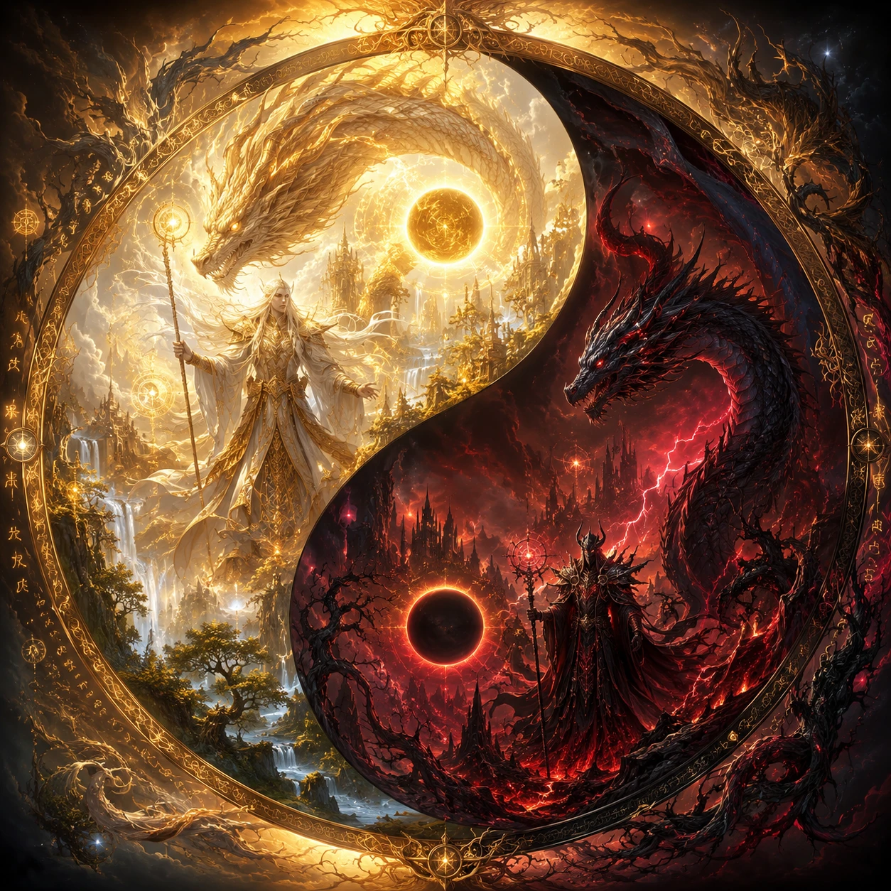 Epic fantasy yin yang symbol with dragons and mages