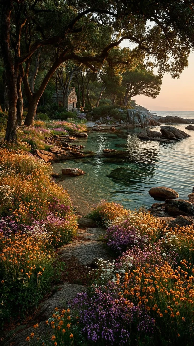 Golden hour coastal cliffs with trees and wildflower fields