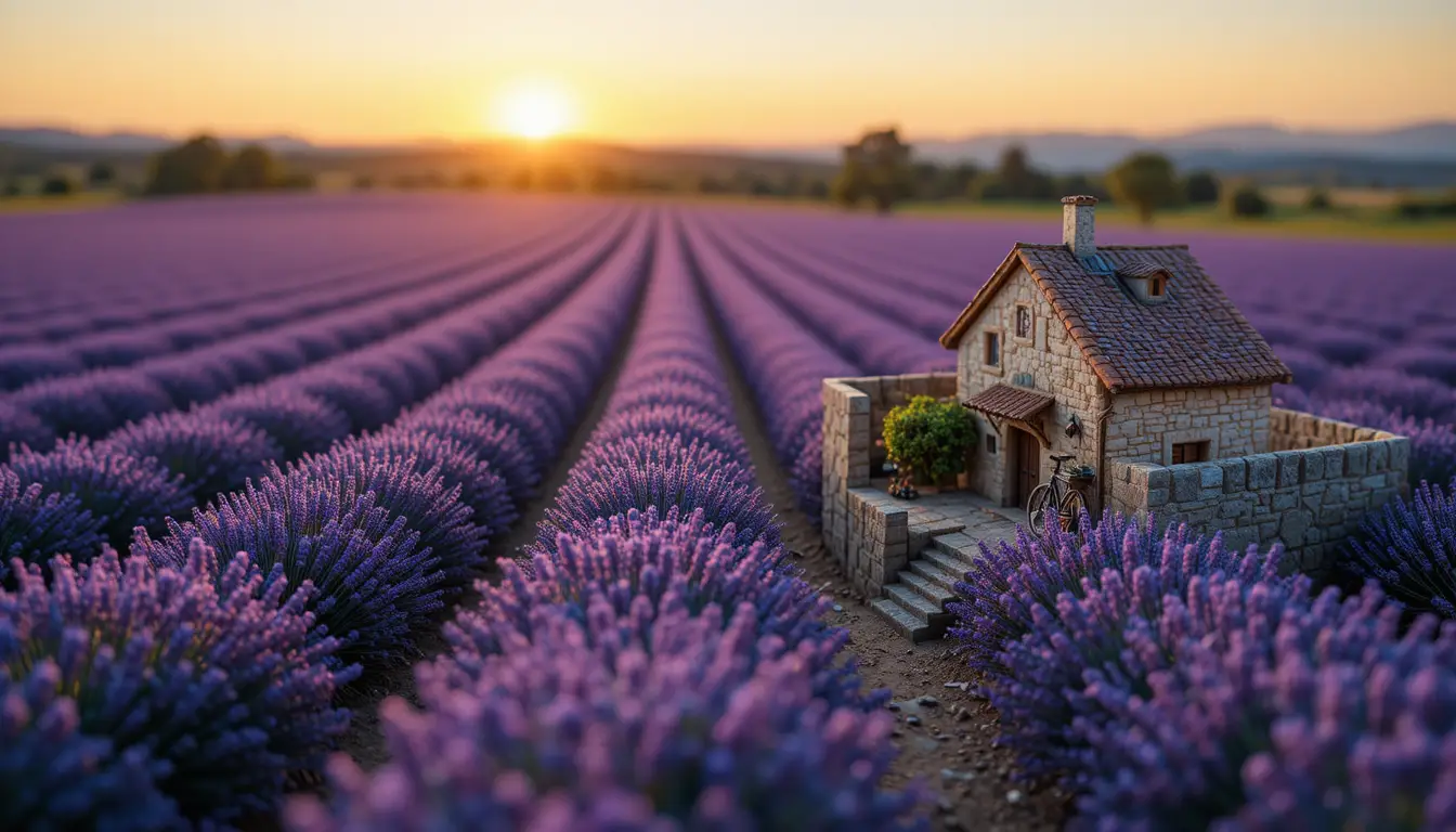 Miniature lavender field diorama at glowing sunset
