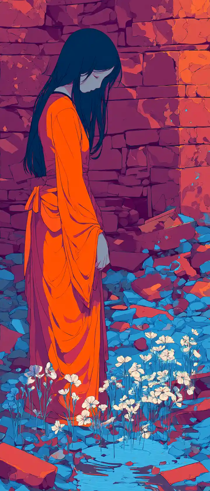 Anime girl planting white flowers in ruined future home