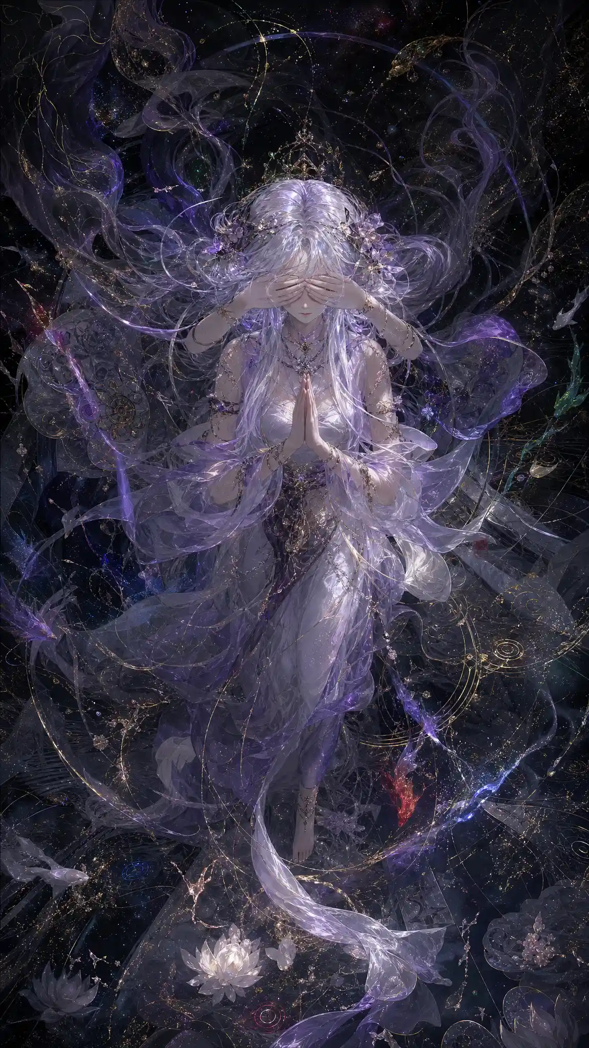 Ethereal anime girl with four hands in cosmic prayer