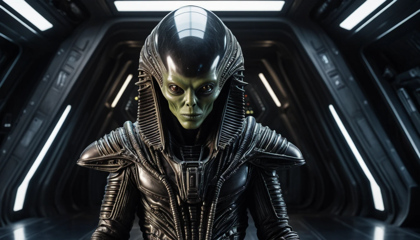 Alien figure in futuristic outfit aboard a space shuttle