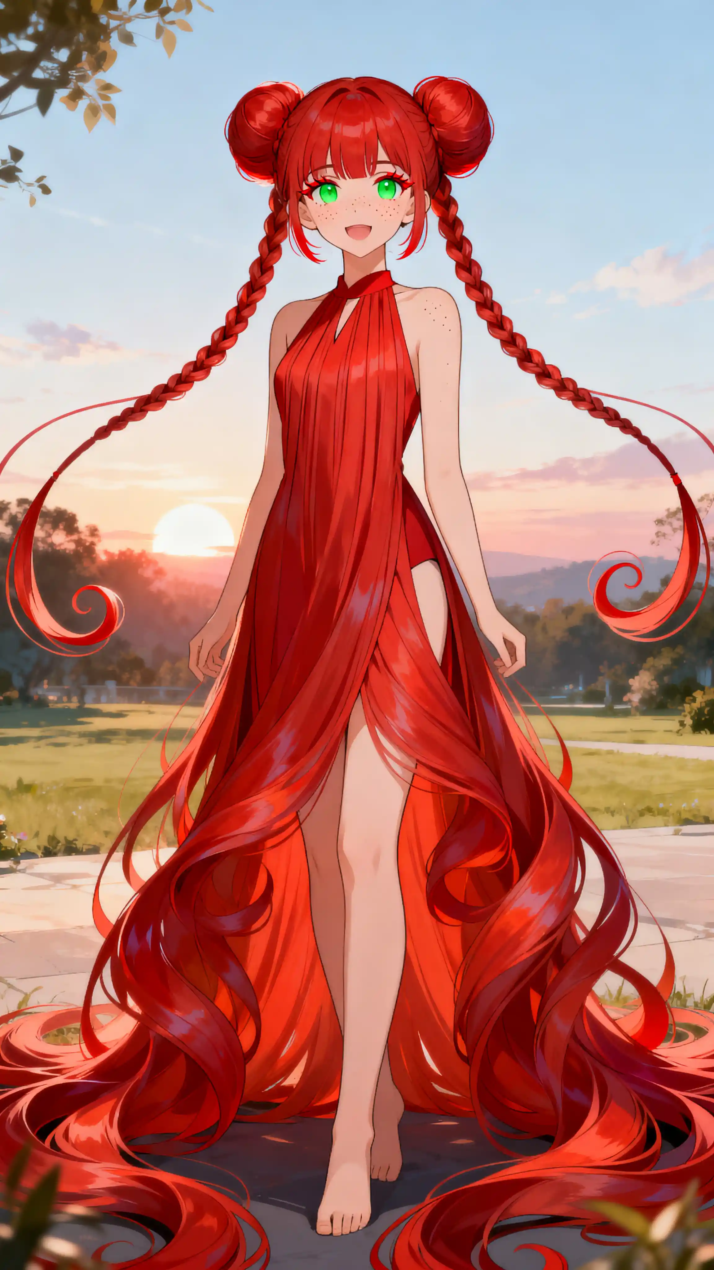 Joyful anime girl with long red hair at sunrise outdoors