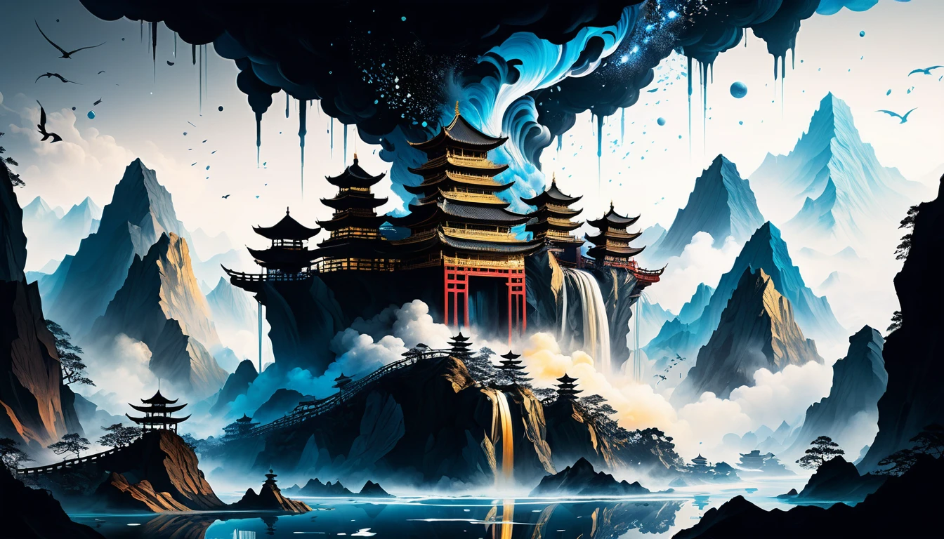 Ink formed cosmic woman in spiraling floating mountain realms
