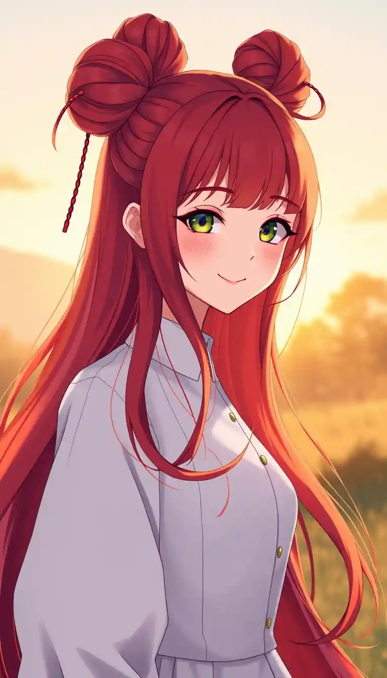 Red haired anime girl at sunrise in soft outdoor scenery