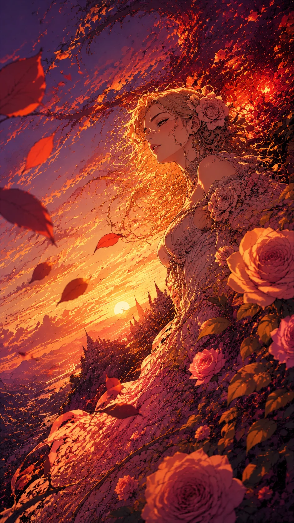 Golden flowers glowing softly in the sunset breeze