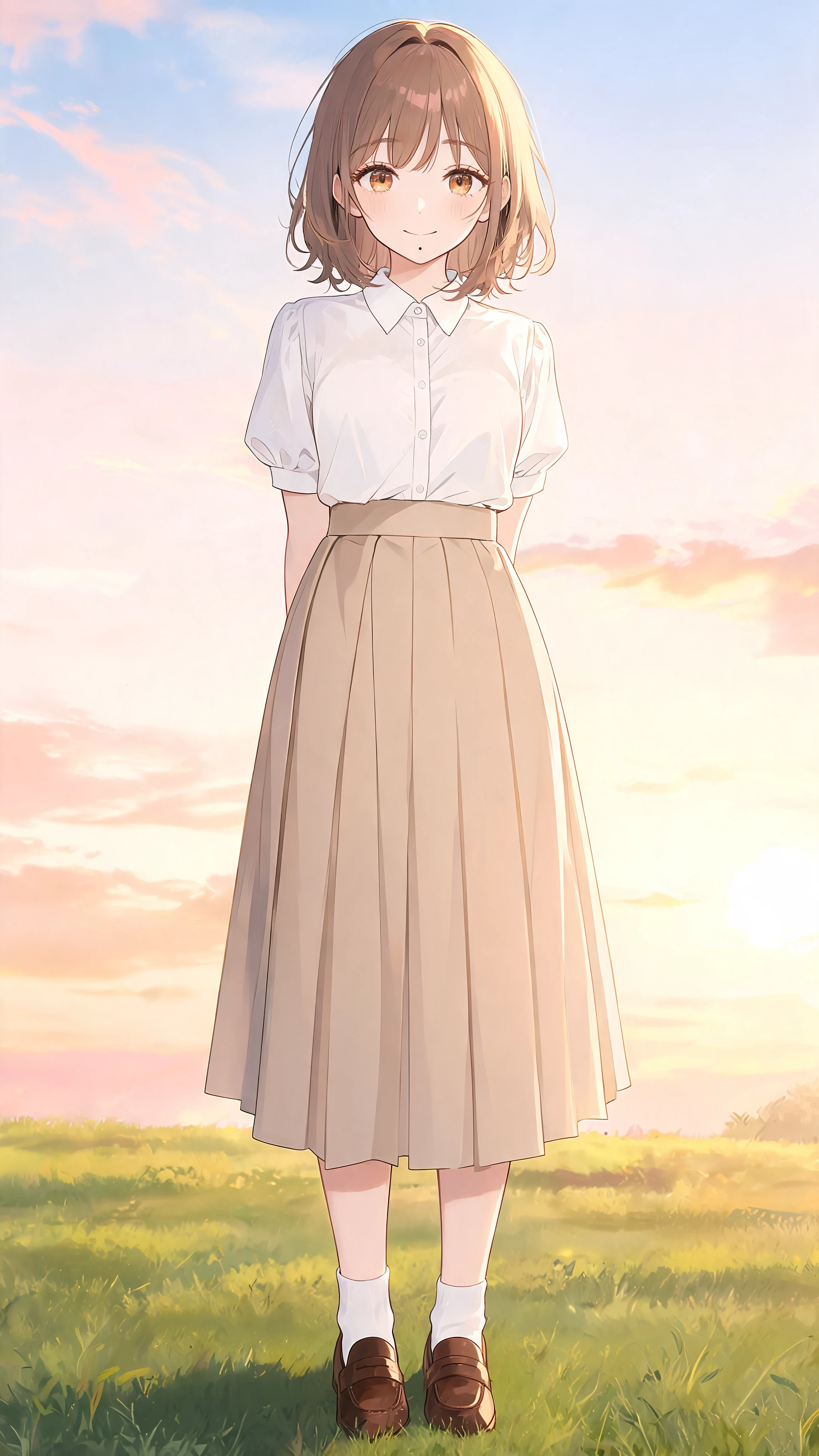 Shy anime girl in vintage preppy outfit at sunrise