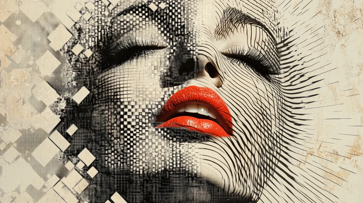Surreal fragmented portrait of a woman with red lacquer lips