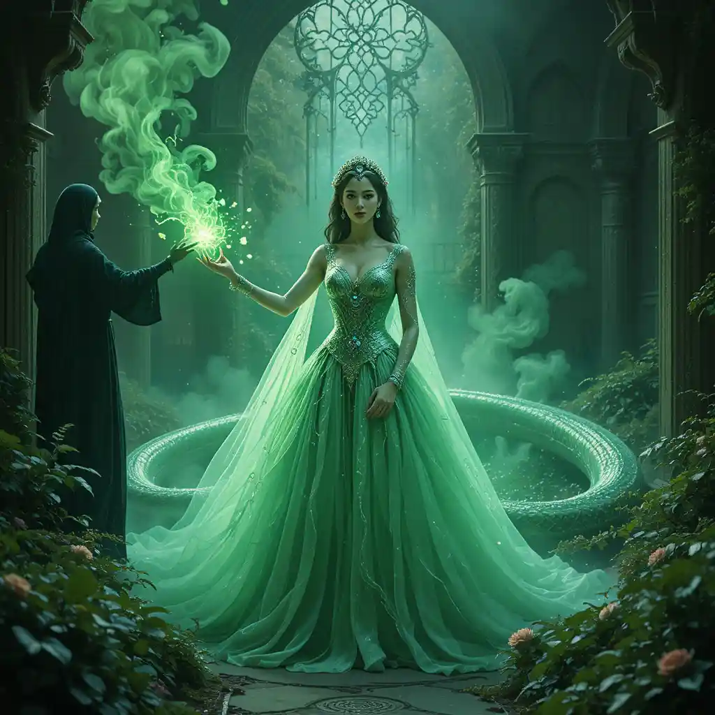 Princess transforming into a serpent in a royal garden