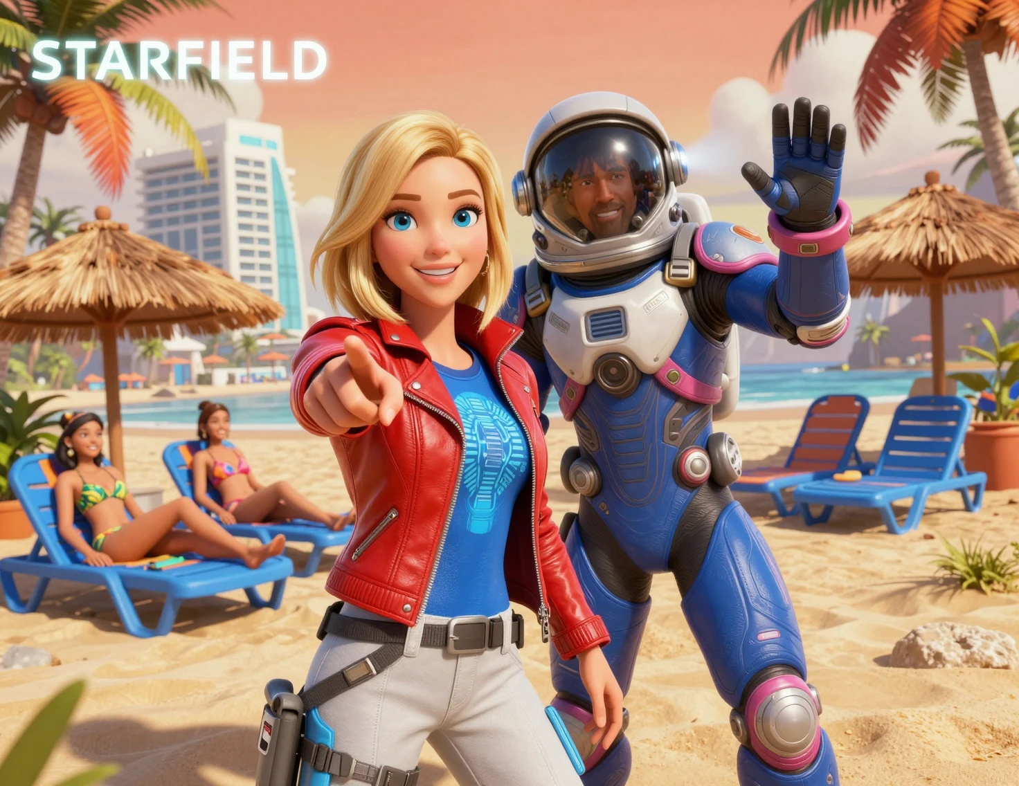 Smiling astronaut woman reaching out on tropical beach
