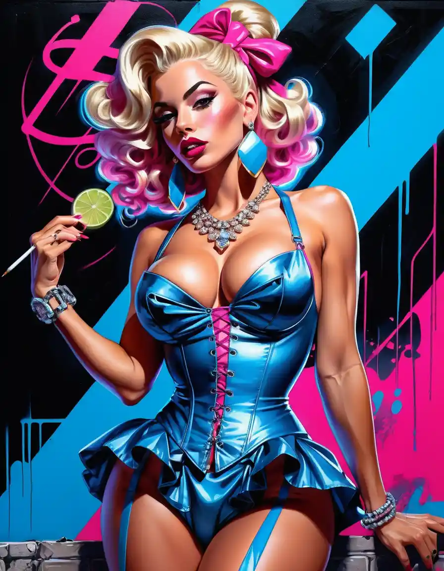 Neon lit courtesan style woman in baroque fashion