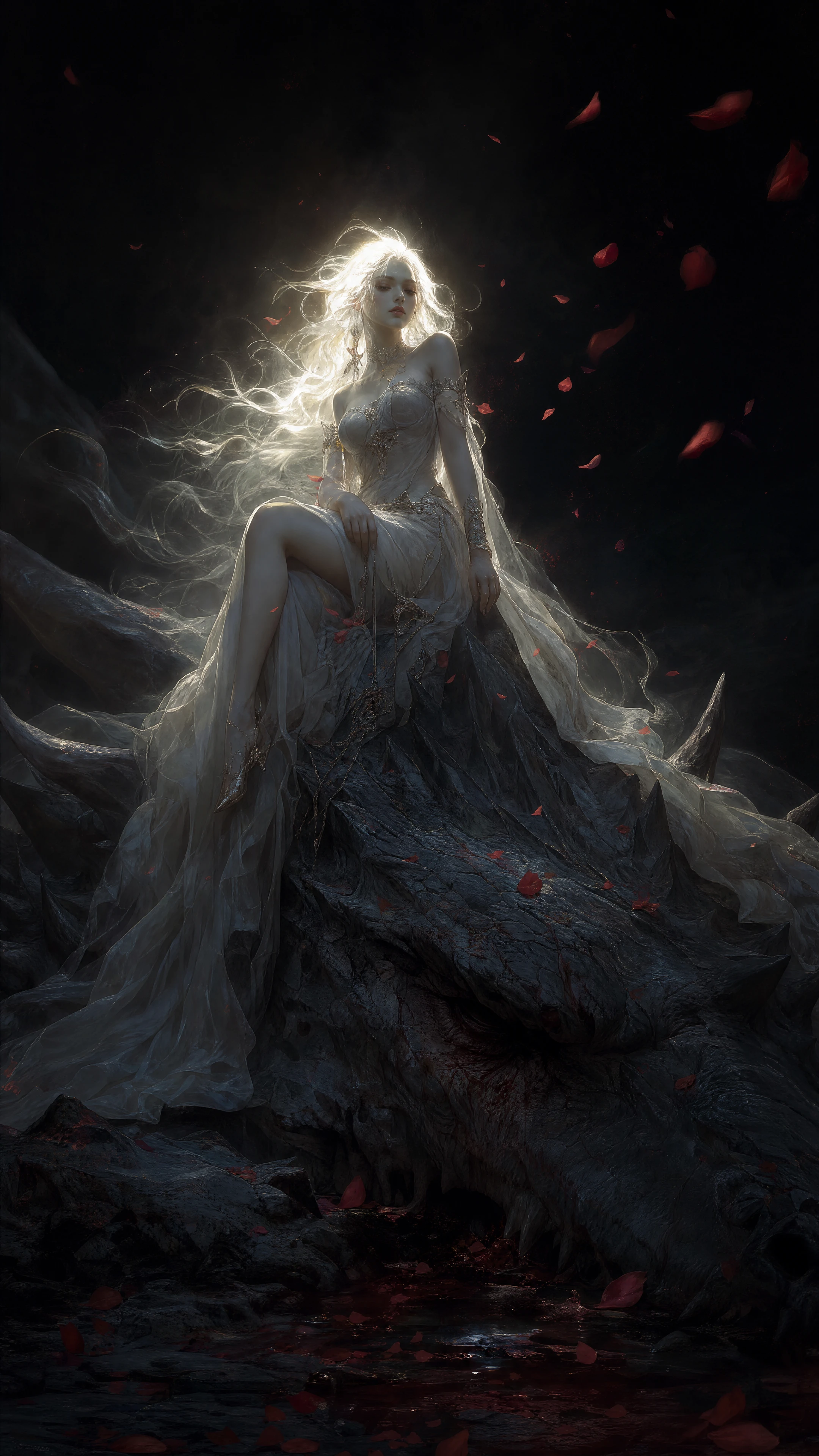Prophetic girl seated on the head of a fallen dragon