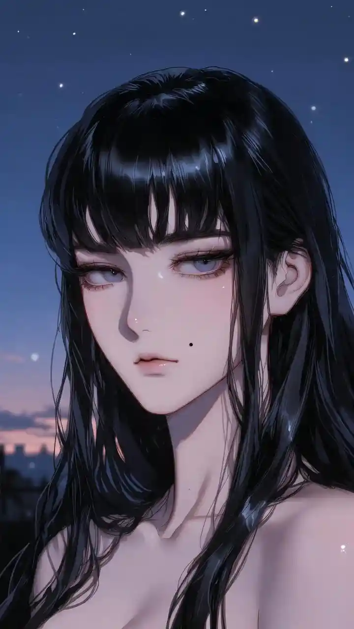 Elegant anime girl under a clear twilight night sky