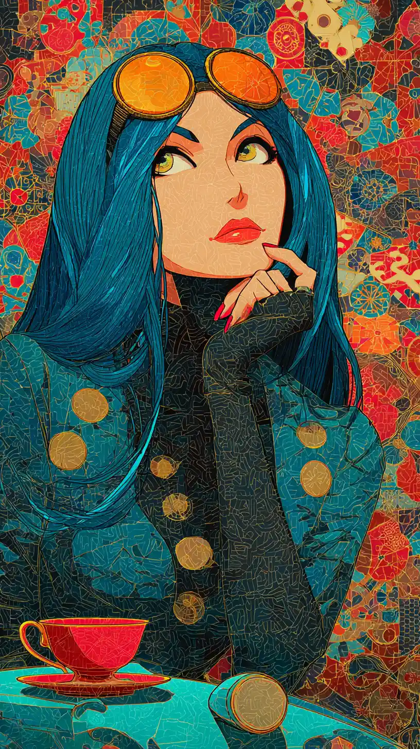 Blue haired masked woman in vibrant abstract portrait