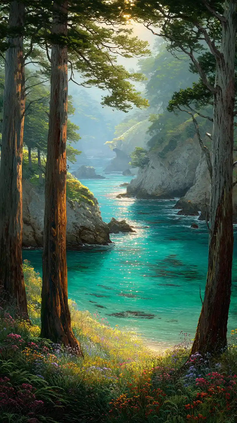 Paradiso costiero fantasy incorniciato da antiche foreste e mare