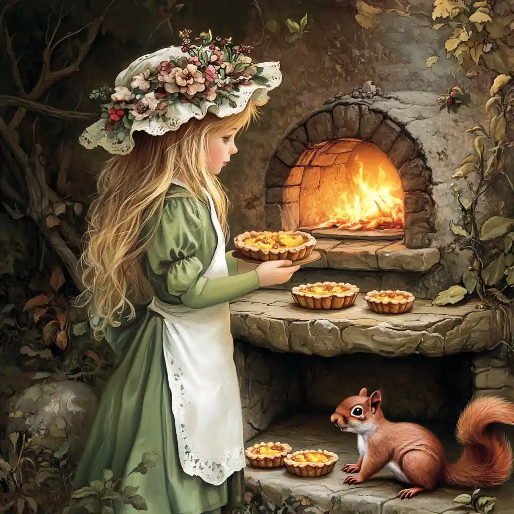 Young girl baking tarts by a stone oven in forest