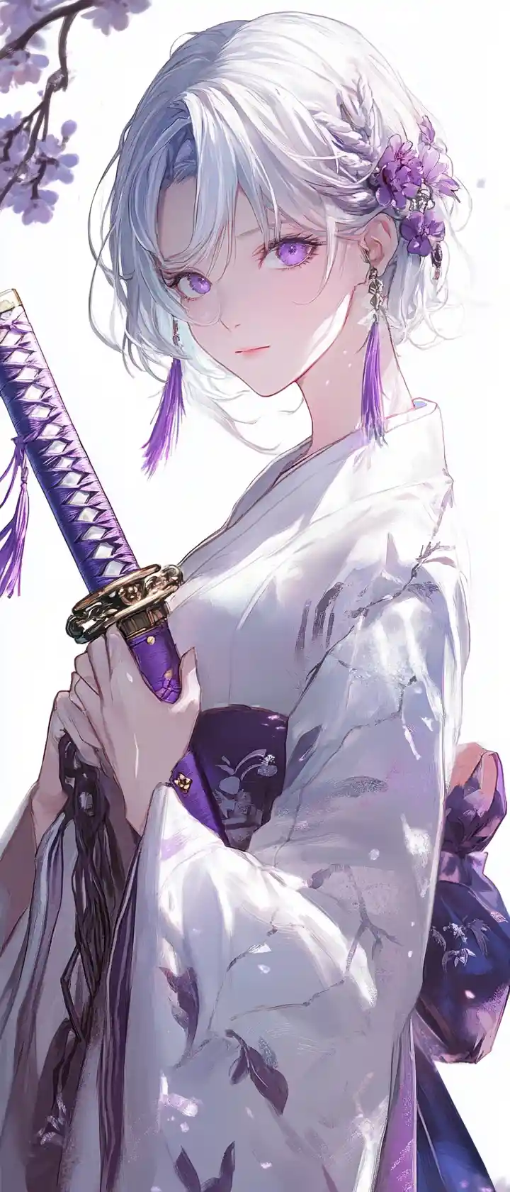 Anime woman in white kimono with iridescent katana