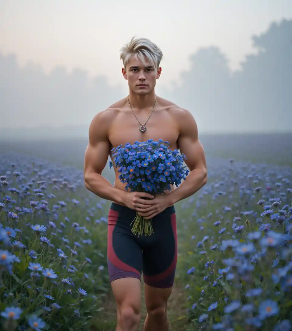 Joven descalzo caminando por un prado de flores con niebla