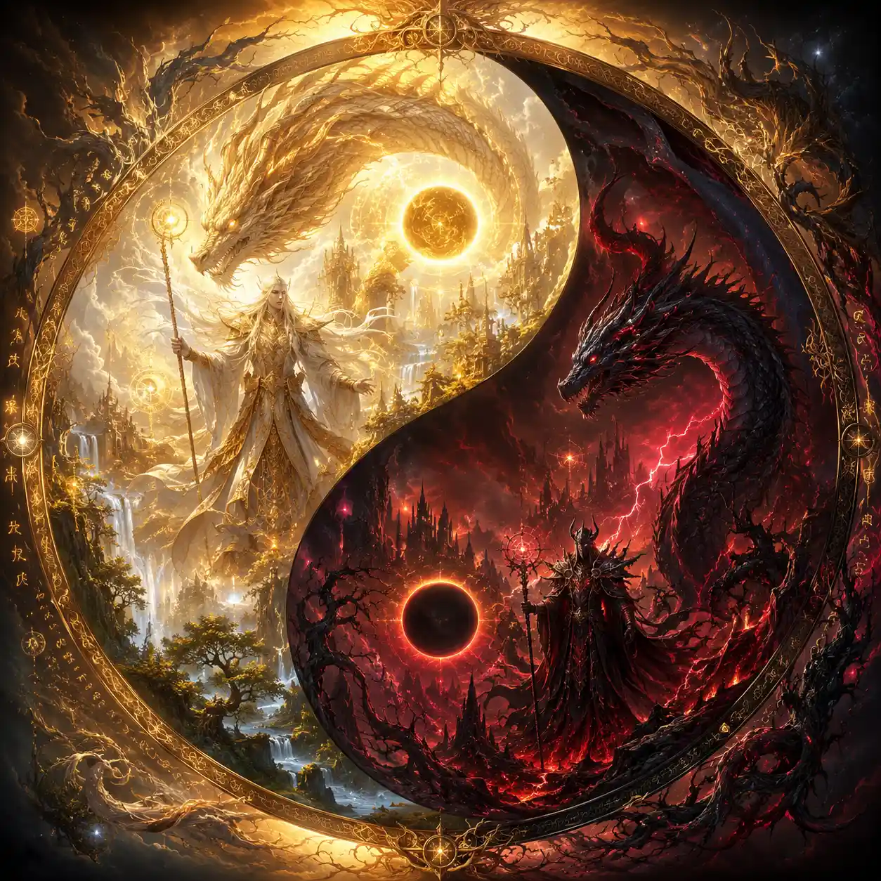 Epic fantasy yin yang symbol with dragons and mages