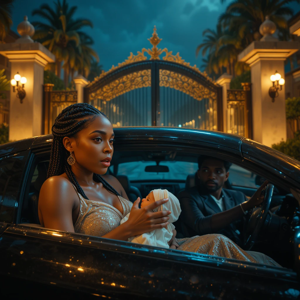 African couple with newborn arriving at luxury mansion at night