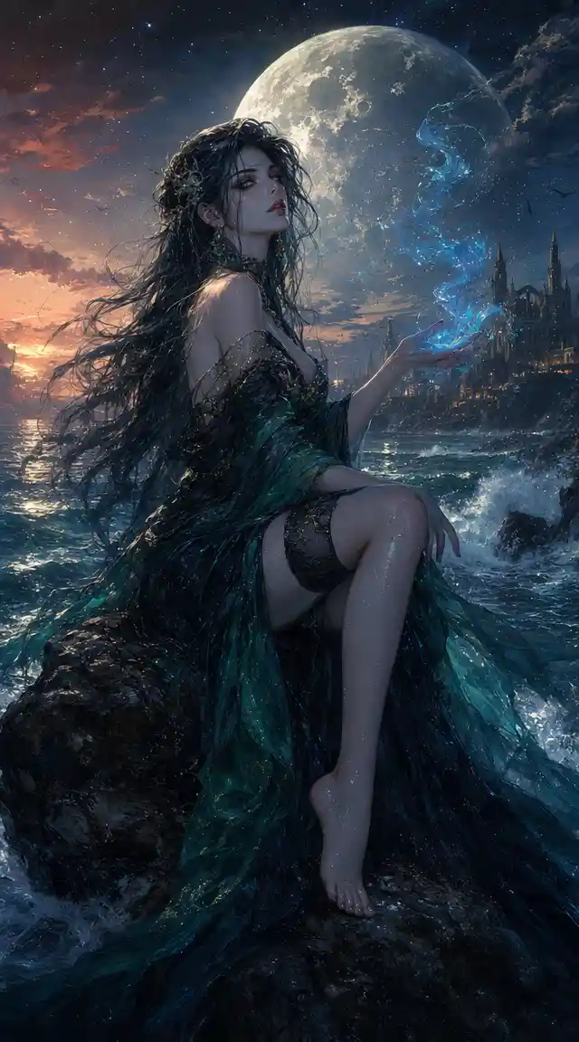 Meereshexe auf einem Felsen in der Dämmerung unter einem gewaltigen Mond