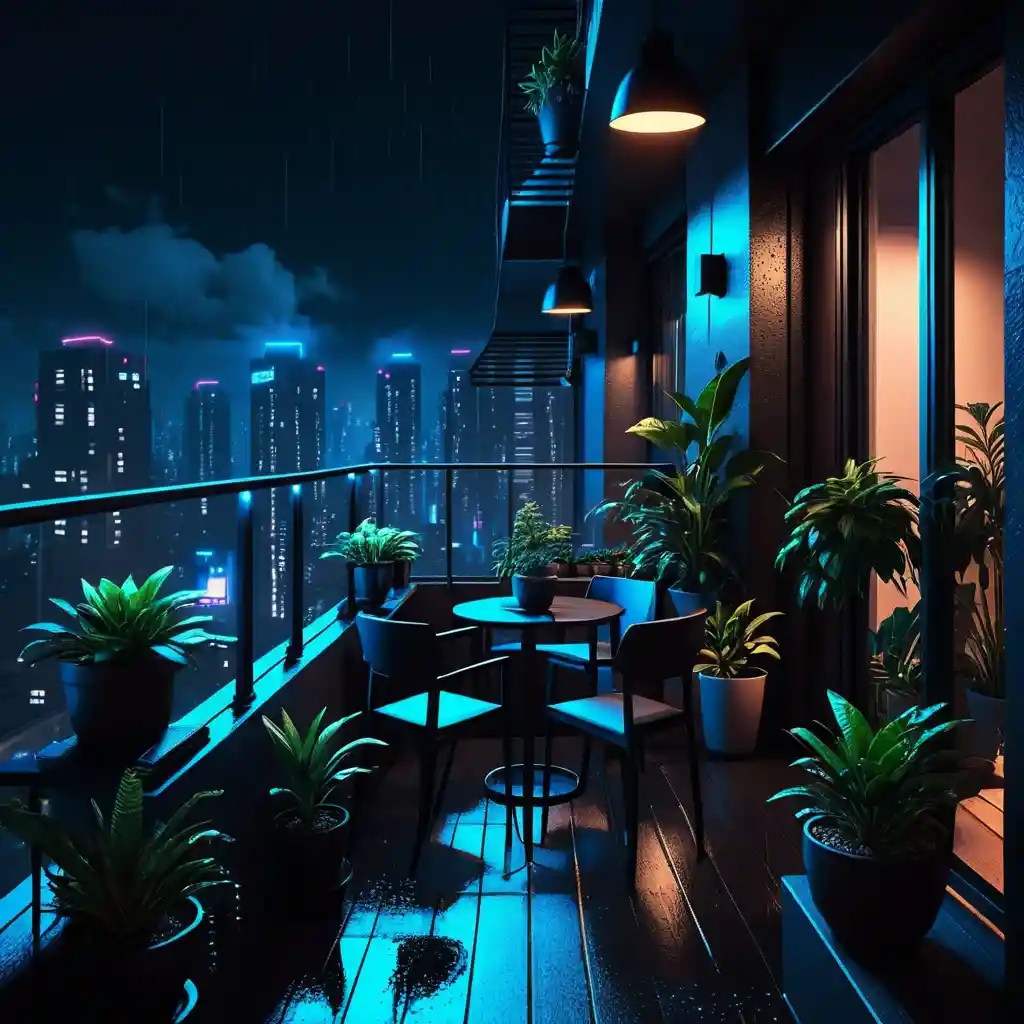 Modern dark balcony overlooking neon blue city at night
