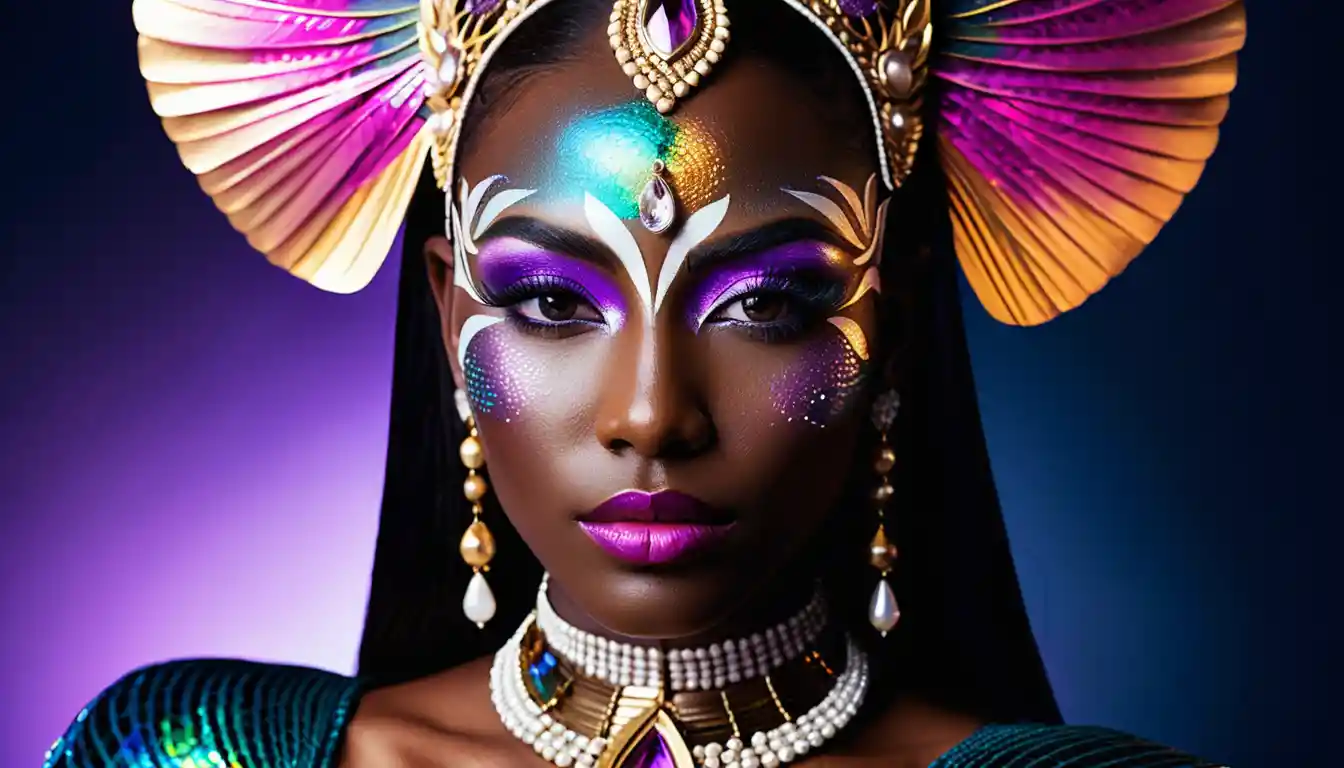Close up portrait of woman with iridescent body art