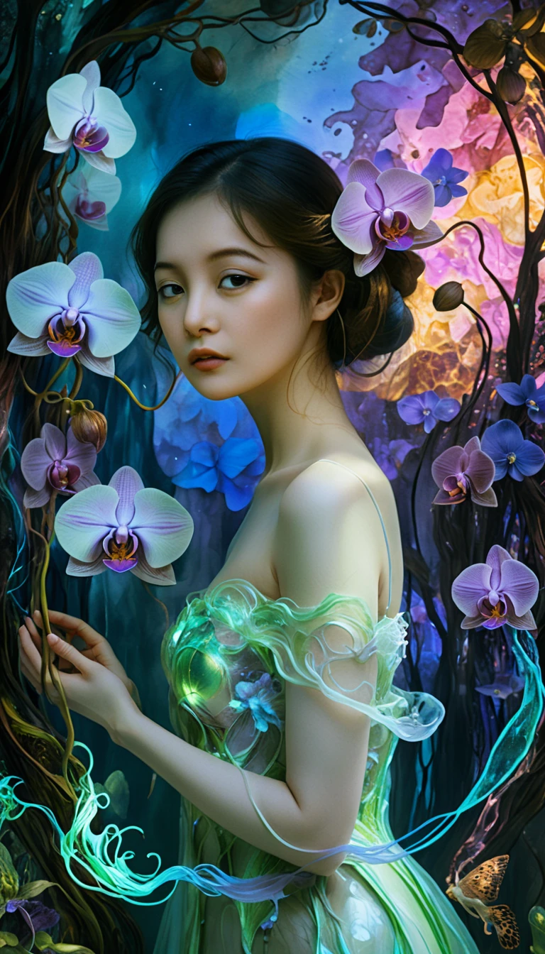 Surreal mixed media scene with orchid and swirling colors