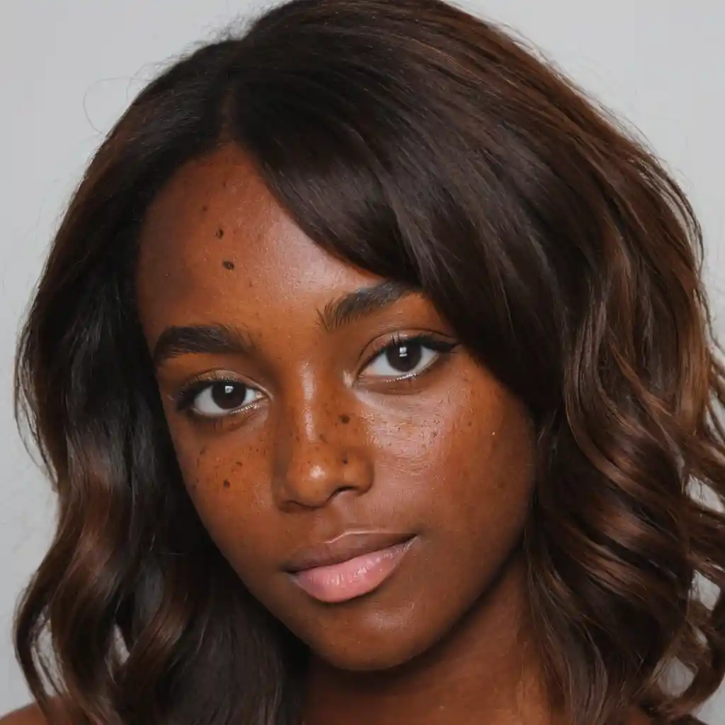 Young woman from the UK with brown hair and freckles