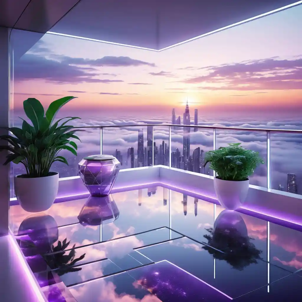 Futuristic Luxury Balcony Floating Above Glowing City Clouds
