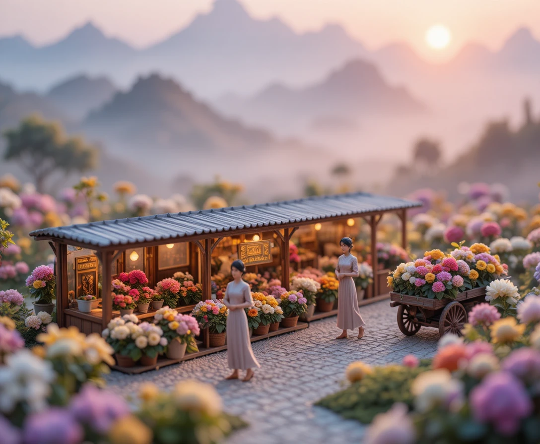 Miniature Da Lat flower market diorama at misty dawn