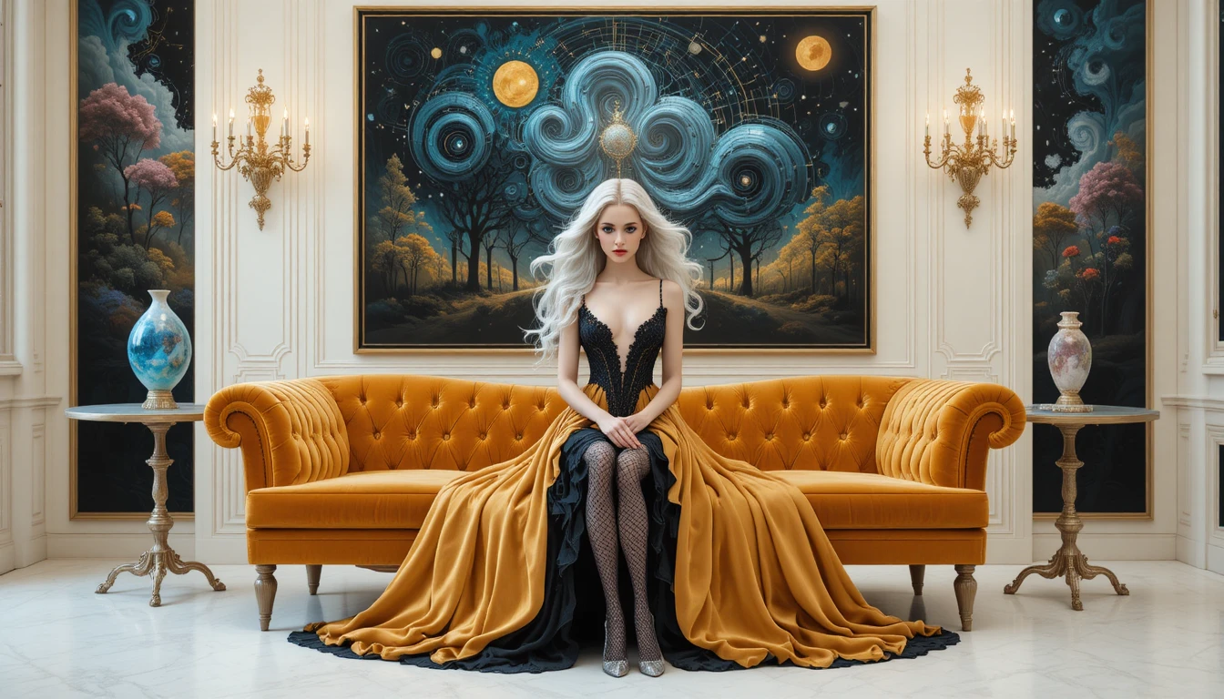Surreal velvet sofa before abstract cosmic forest painting