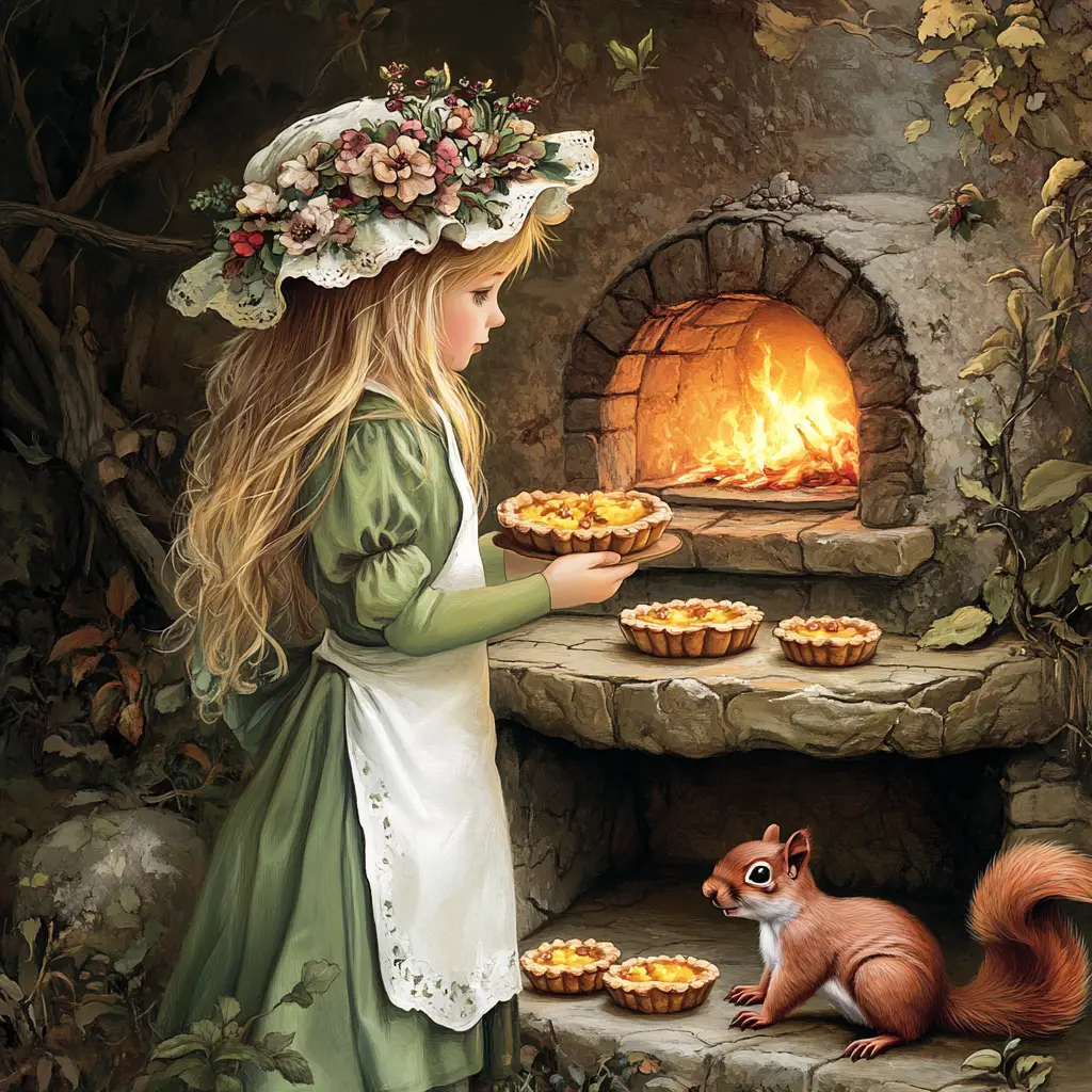 Young girl baking tarts by a stone oven in forest