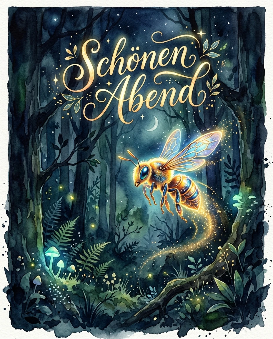 Glowing bee drifting through a dark watercolor forest