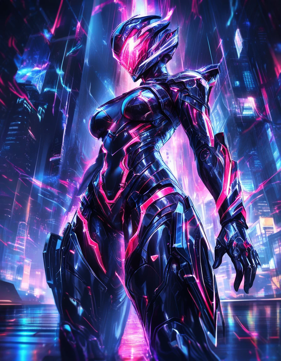 Cybernetic assassin in neon rain phasing through city streets