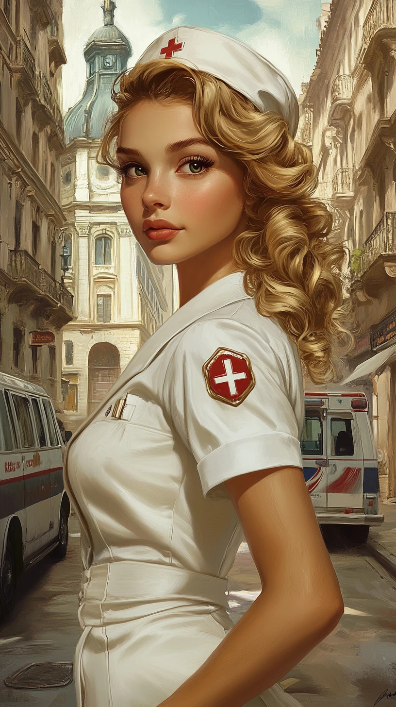 Vintage nurse on a European street in digital illustration