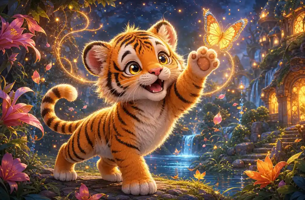 Cute baby tiger cub playing with a glowing butterfly