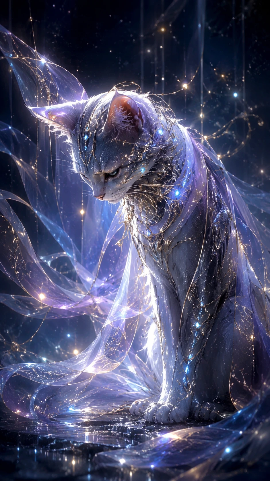 Elegant sorrowful cat wrapped in glowing ethereal fabric