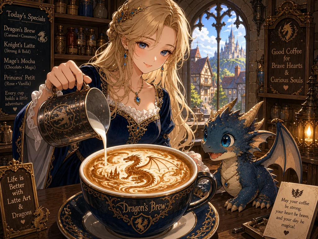 Fantasy barista pouring dragon latte art in medieval cafe